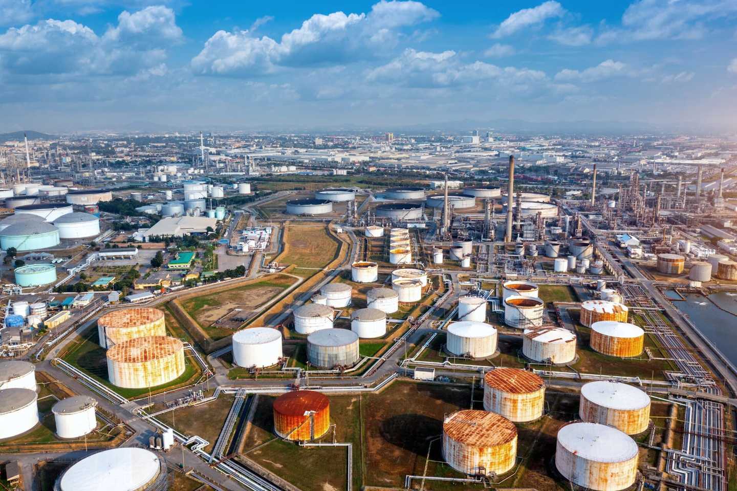 Aerial view of an oil storage terminal and refinery