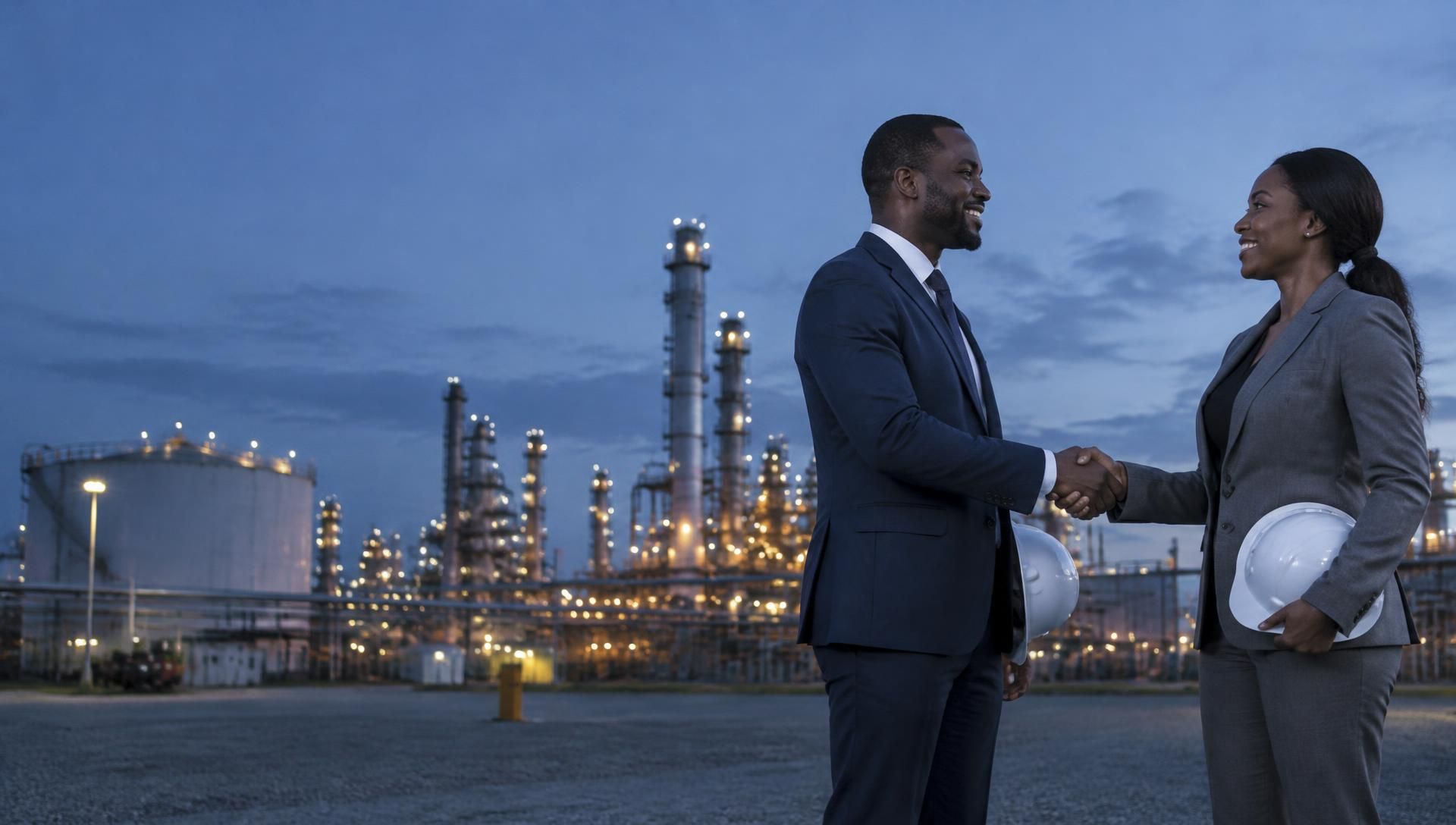 Two professionals shaking hands at an industrial site at dusk